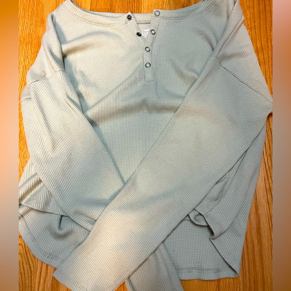 NWT Hollister Green Quarter Button Up Waffle  Knit Long Sleeve Size Large